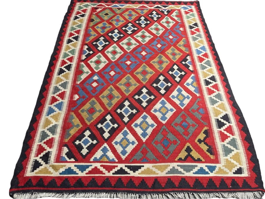 Stunning Vintage Fine Hand Knotted Wool Geometric Pattern Kilim Area Rug 51.5” X 73” [Photo 3]