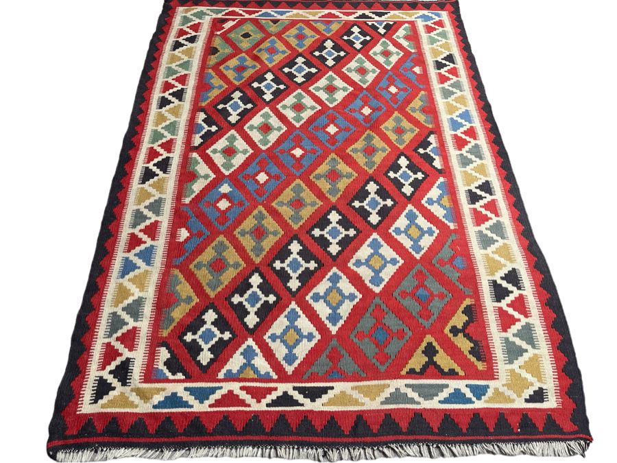 Stunning Vintage Fine Hand Knotted Wool Geometric Pattern Kilim Area Rug 51.5” X 73” [Photo 2]