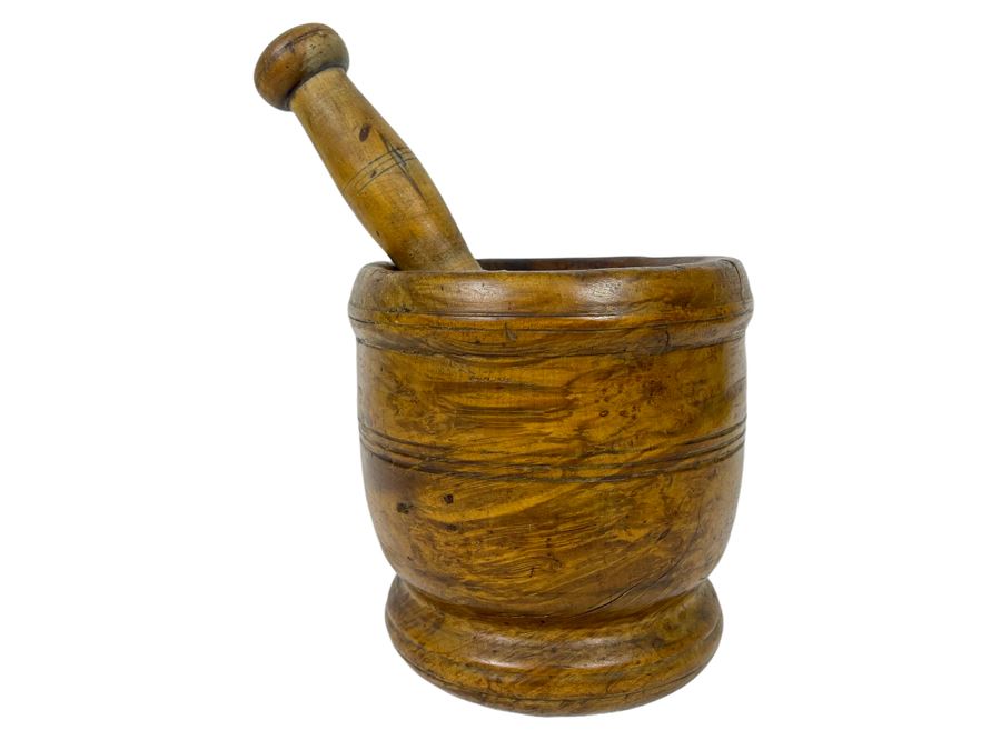 Primitive Wooden Pharmacist Mortar And Pestle 6.5W X 7H
