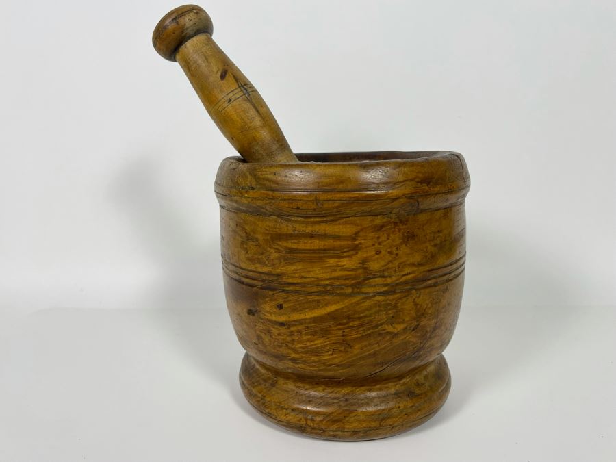 Primitive Wooden Pharmacist Mortar And Pestle 6.5W X 7H [Photo 3]
