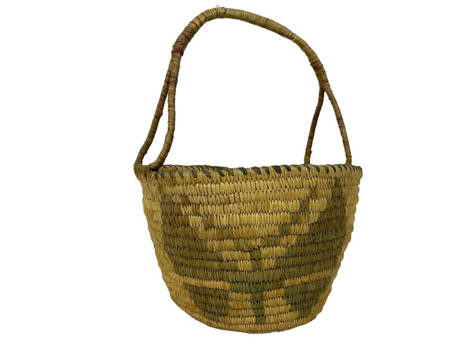Vintage Native American Indian Handled Basket With Butterfly Design 9W X 12H