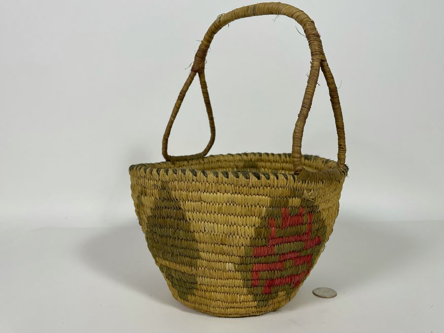 Vintage Native American Indian Handled Basket With Butterfly Design 9W X 12H [Photo 4]