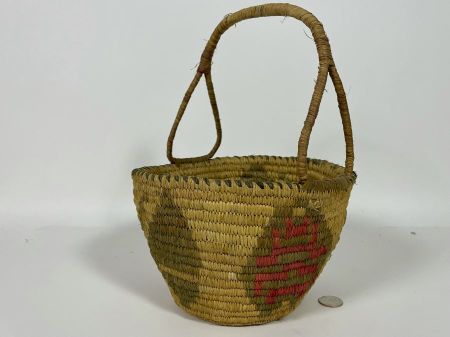 Vintage Native American Indian Handled Basket With Butterfly Design 9W X 12H [Photo 2]