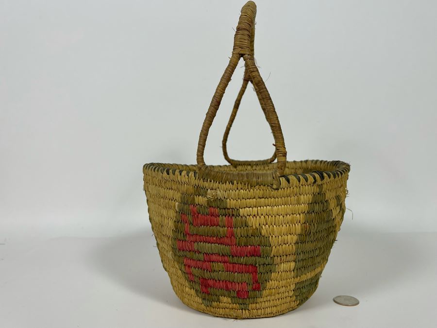Vintage Native American Indian Handled Basket With Butterfly Design 9W X 12H [Photo 5]