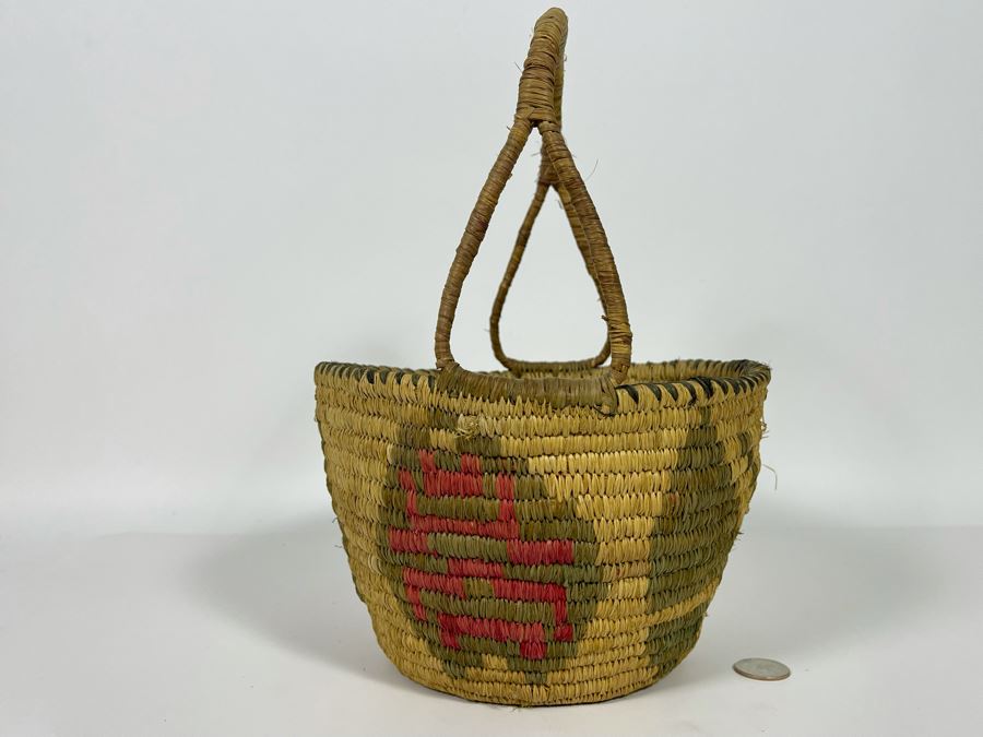 Vintage Native American Indian Handled Basket With Butterfly Design 9W X 12H [Photo 7]
