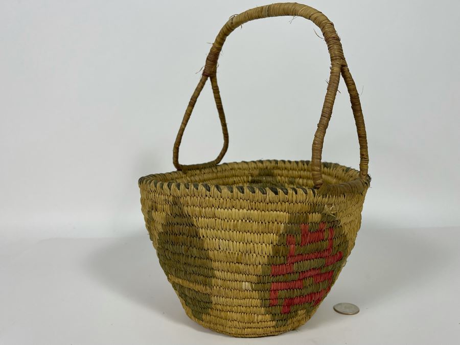 Vintage Native American Indian Handled Basket With Butterfly Design 9W X 12H [Photo 3]