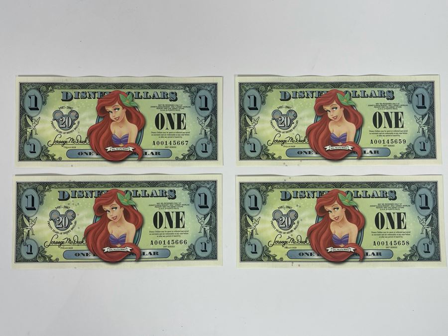 (4) Vintage 2007 Series $1 Disney Dollars Featuring Ariel The Little Mermaid [Photo 2]