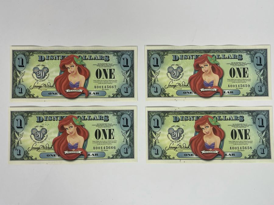 (4) Vintage 2007 Series $1 Disney Dollars Featuring Ariel The Little Mermaid