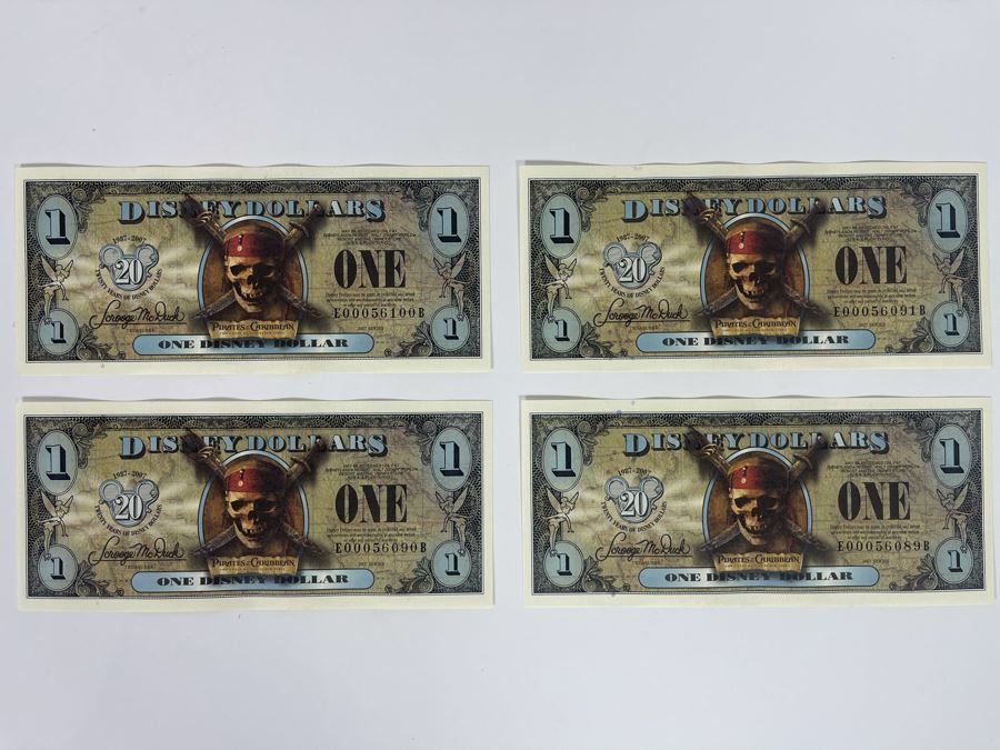 (4) Vintage 2007 Series $1 Disney Dollars Pirates Of The Caribbean The Curse Of The Black Pearl