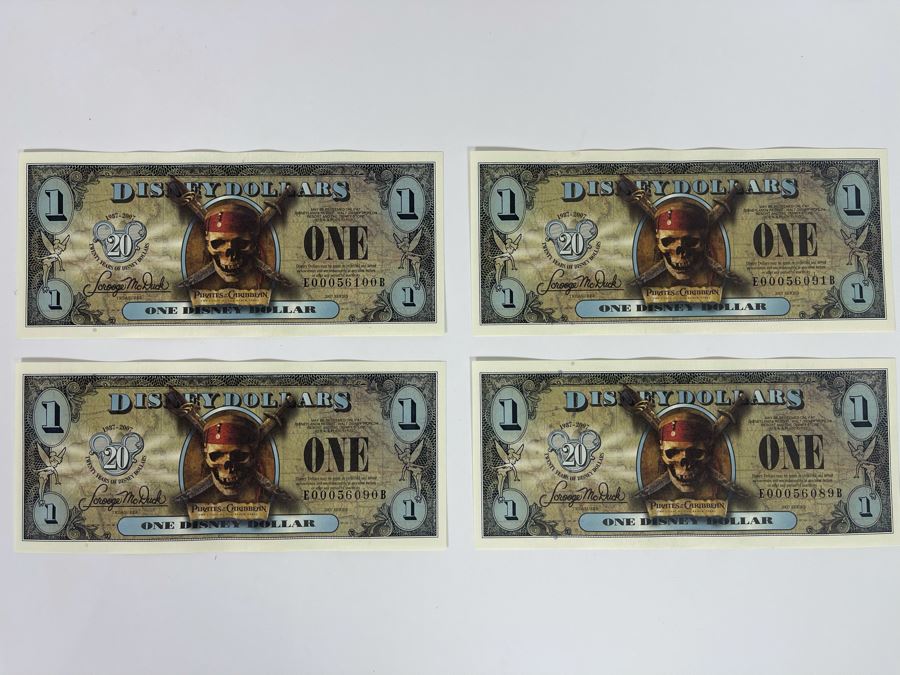 (4) Vintage 2007 Series $1 Disney Dollars Pirates Of The Caribbean The Curse Of The Black Pearl [Photo 2]