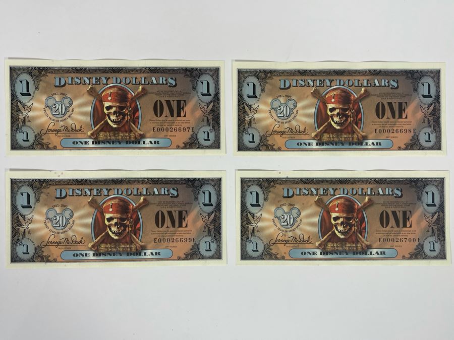 (4) Vintage 2007 Series $1 Disney Dollars Pirates Of The Caribbean At World’s End