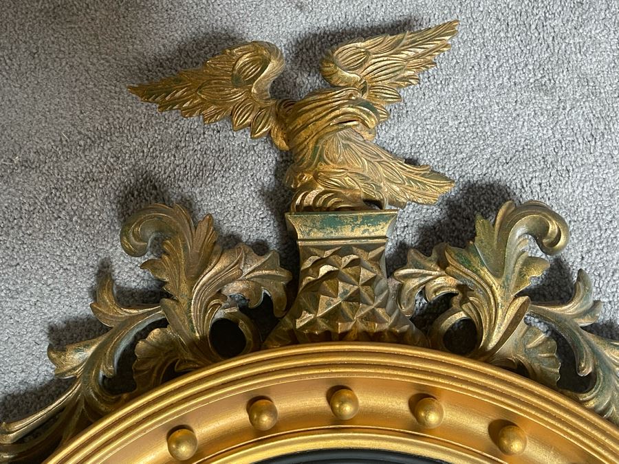 Vintage Gilt Wooden Convex Wall Mirror With Golden Eagle Finial 22 X 36 [Photo 12]