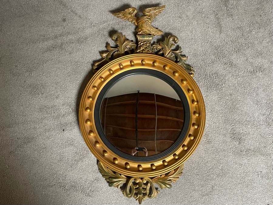 Vintage Gilt Wooden Convex Wall Mirror With Golden Eagle Finial 22 X 36