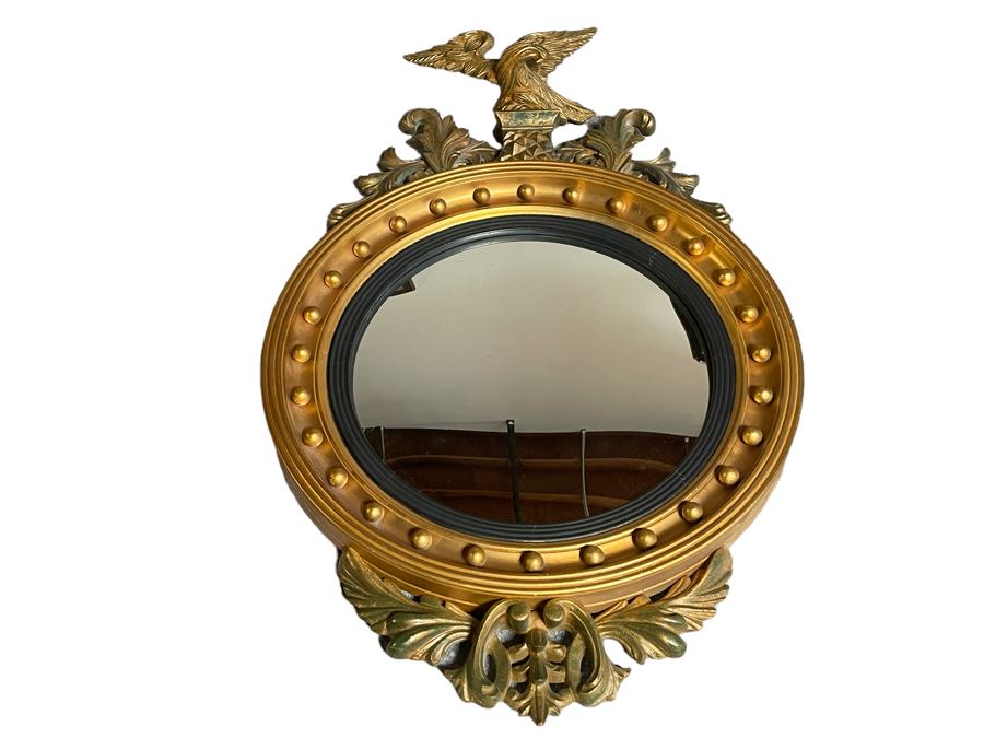 Vintage Gilt Wooden Convex Wall Mirror With Golden Eagle Finial 22 X 36 [Photo 3]