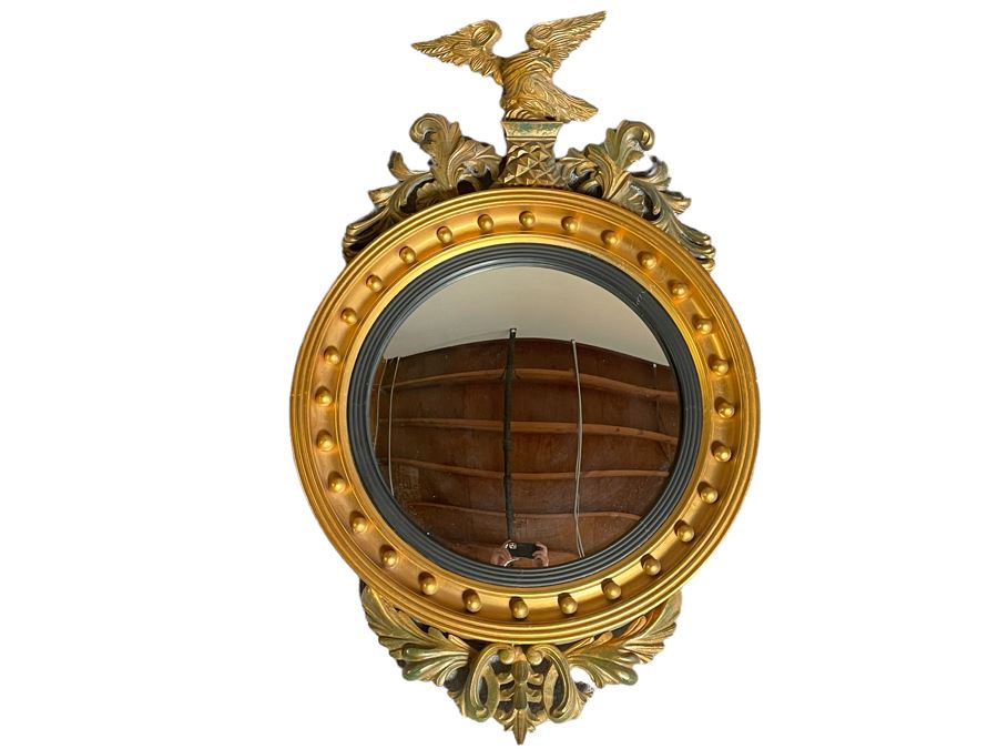 Vintage Gilt Wooden Convex Wall Mirror With Golden Eagle Finial 22 X 36 [Photo 2]