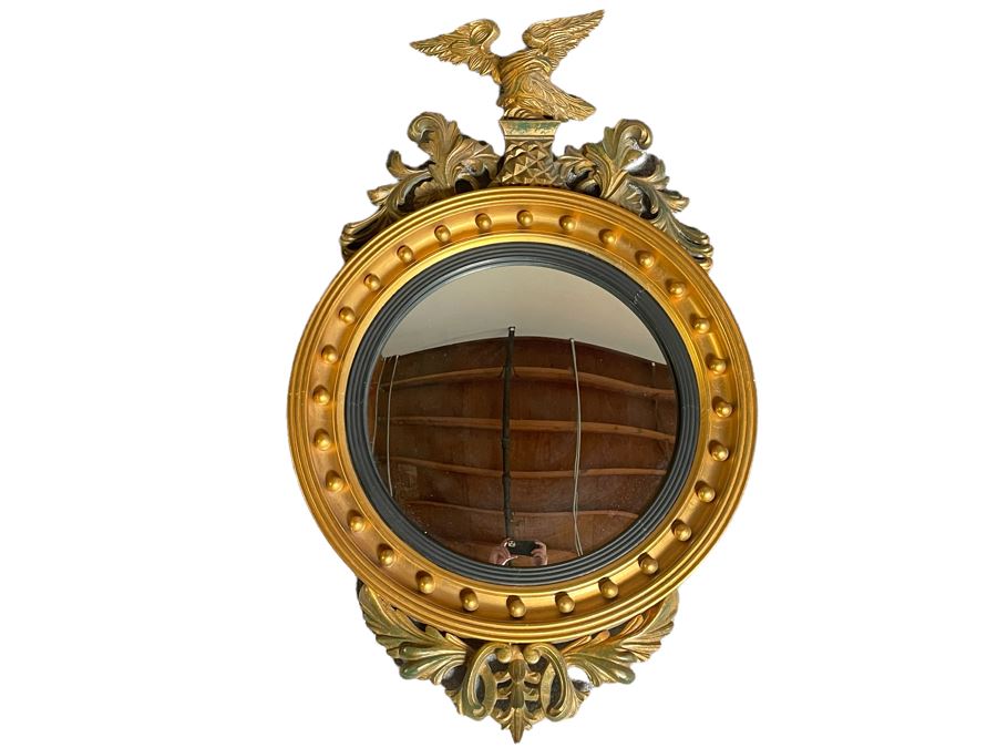 Vintage Gilt Wooden Convex Wall Mirror With Golden Eagle Finial 22 X 36