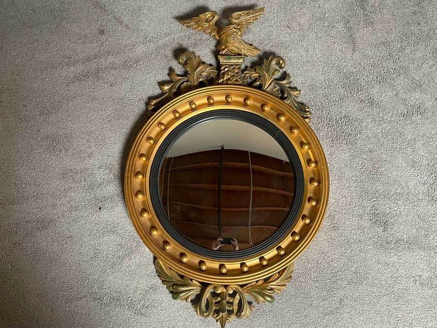 Vintage Gilt Wooden Convex Wall Mirror With Golden Eagle Finial 22 X 36 [Photo 7]