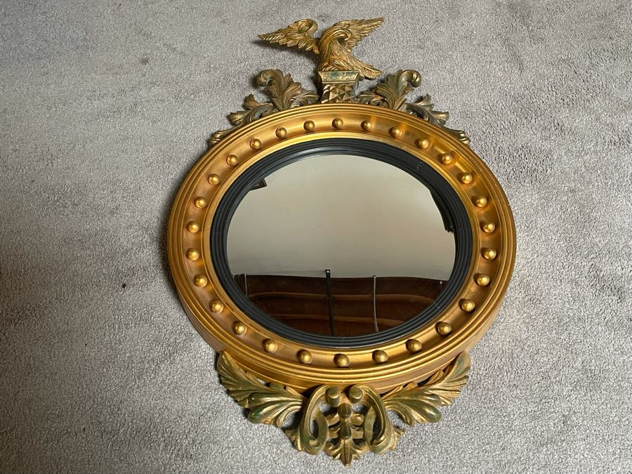 Vintage Gilt Wooden Convex Wall Mirror With Golden Eagle Finial 22 X 36 [Photo 10]