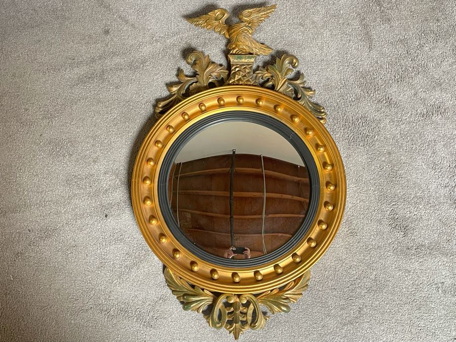 Vintage Gilt Wooden Convex Wall Mirror With Golden Eagle Finial 22 X 36 [Photo 9]
