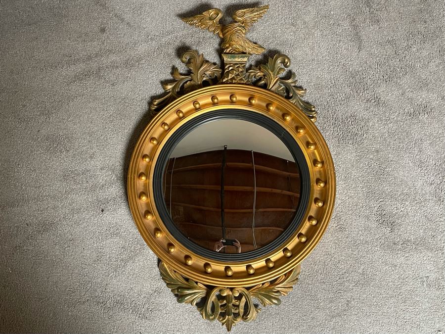 Vintage Gilt Wooden Convex Wall Mirror With Golden Eagle Finial 22 X 36 [Photo 6]