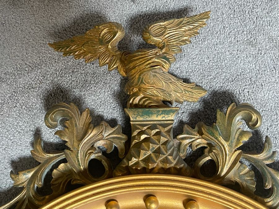 Vintage Gilt Wooden Convex Wall Mirror With Golden Eagle Finial 22 X 36 [Photo 11]