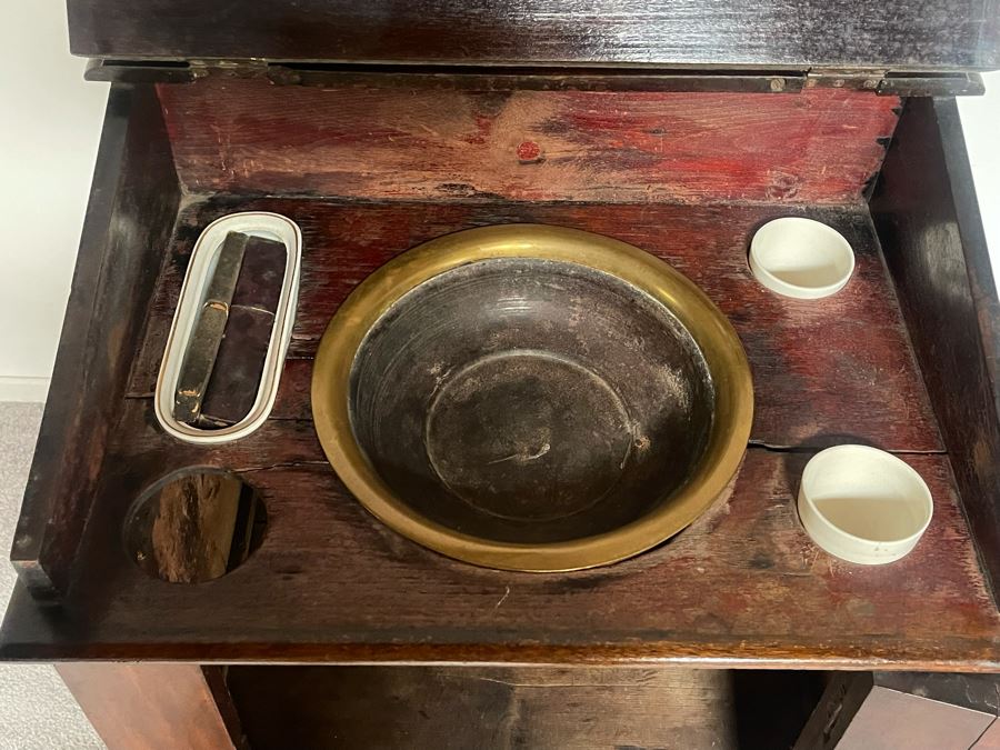Antique English Gentleman’s Sea Captain’s Ship Pedestal Washstand With (3) Vintage Straight Razors 24W X 22D X 38H [Photo 8]