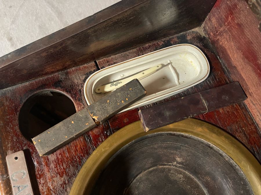 Antique English Gentleman’s Sea Captain’s Ship Pedestal Washstand With (3) Vintage Straight Razors 24W X 22D X 38H [Photo 13]