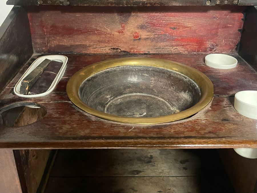 Antique English Gentleman’s Sea Captain’s Ship Pedestal Washstand With (3) Vintage Straight Razors 24W X 22D X 38H [Photo 9]