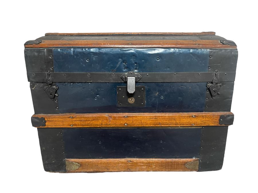Vintage Domed Wood And Metal Trunk 27W X 16D X 20H