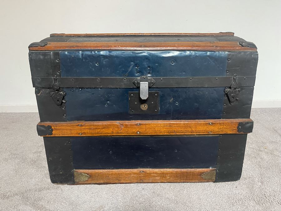 Vintage Domed Wood And Metal Trunk 27W X 16D X 20H [Photo 2]