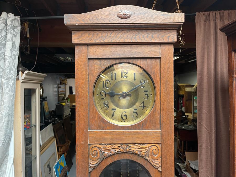 Antique Working Grandfather Clock With Carved Wooden Case 19W X 11D X 84.5H [Photo 3]