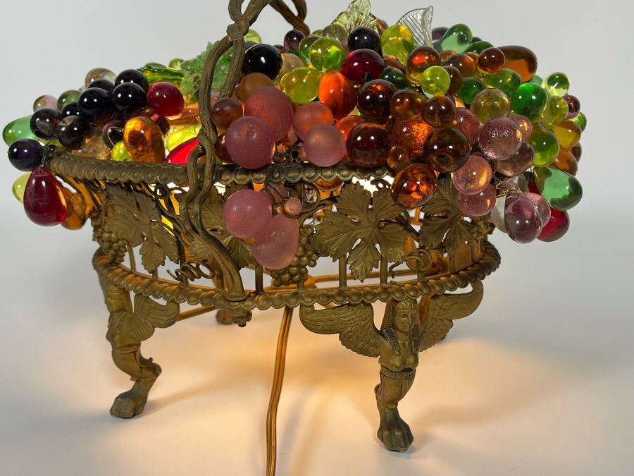 Vintage Egyptian Revival Footed Gilt Metal Centerpiece Table Lamp With Glass Fruit Working Recently Rewired [Photo 8]