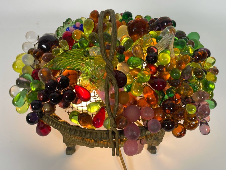 Vintage Egyptian Revival Footed Gilt Metal Centerpiece Table Lamp With Glass Fruit Working Recently Rewired [Photo 7]