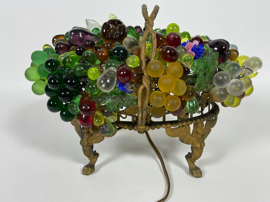 Vintage Egyptian Revival Footed Gilt Metal Centerpiece Table Lamp With Glass Fruit Working Recently Rewired [Photo 12]