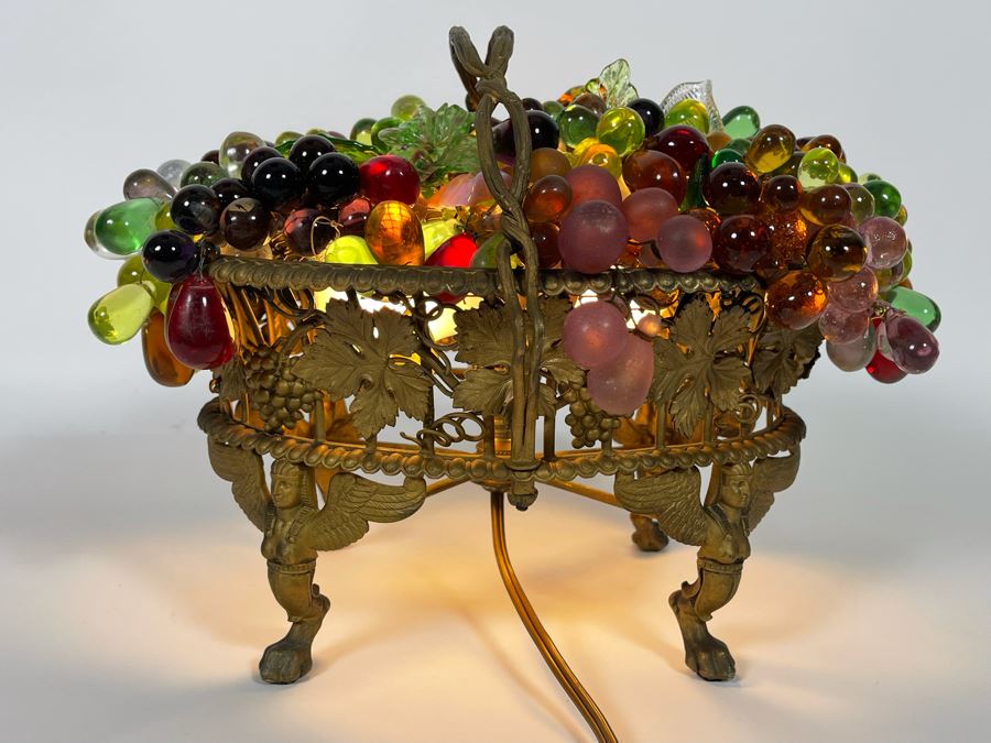 Vintage Egyptian Revival Footed Gilt Metal Centerpiece Table Lamp With Glass Fruit Working Recently Rewired [Photo 3]