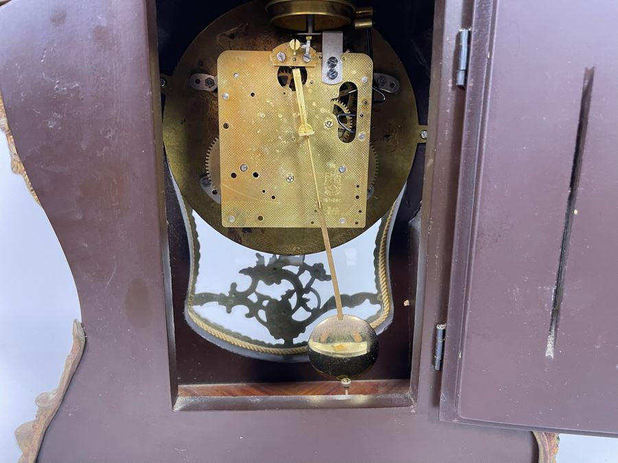 Vintage French Louis XIV Style Wooden Inlay Pendulum Mantel Clock By Artem With German FHS Movement With Original Instructions Working [Photo 22]