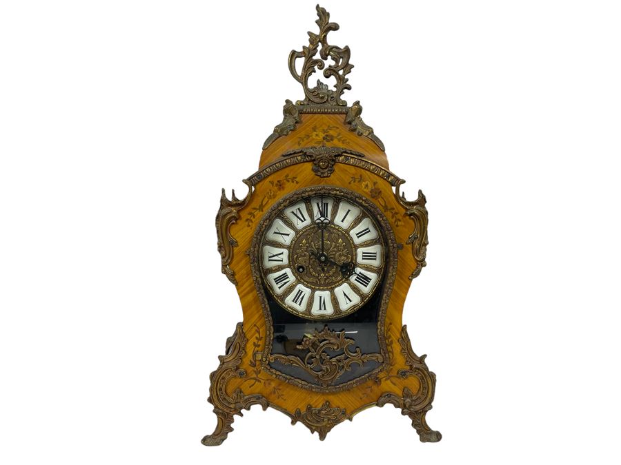 Vintage French Louis XIV Style Wooden Inlay Pendulum Mantel Clock By Artem With German FHS Movement With Original Instructions Working