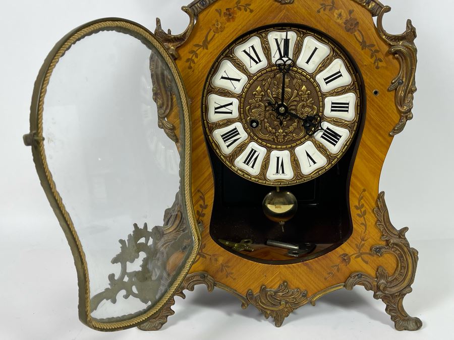 Vintage French Louis XIV Style Wooden Inlay Pendulum Mantel Clock By Artem With German FHS Movement With Original Instructions Working [Photo 8]