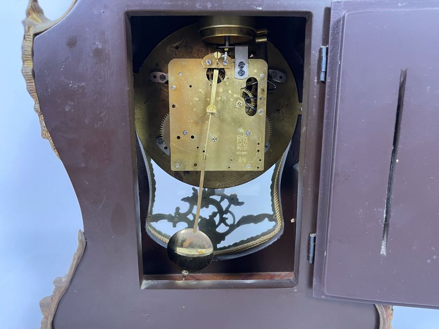 Vintage French Louis XIV Style Wooden Inlay Pendulum Mantel Clock By Artem With German FHS Movement With Original Instructions Working [Photo 19]