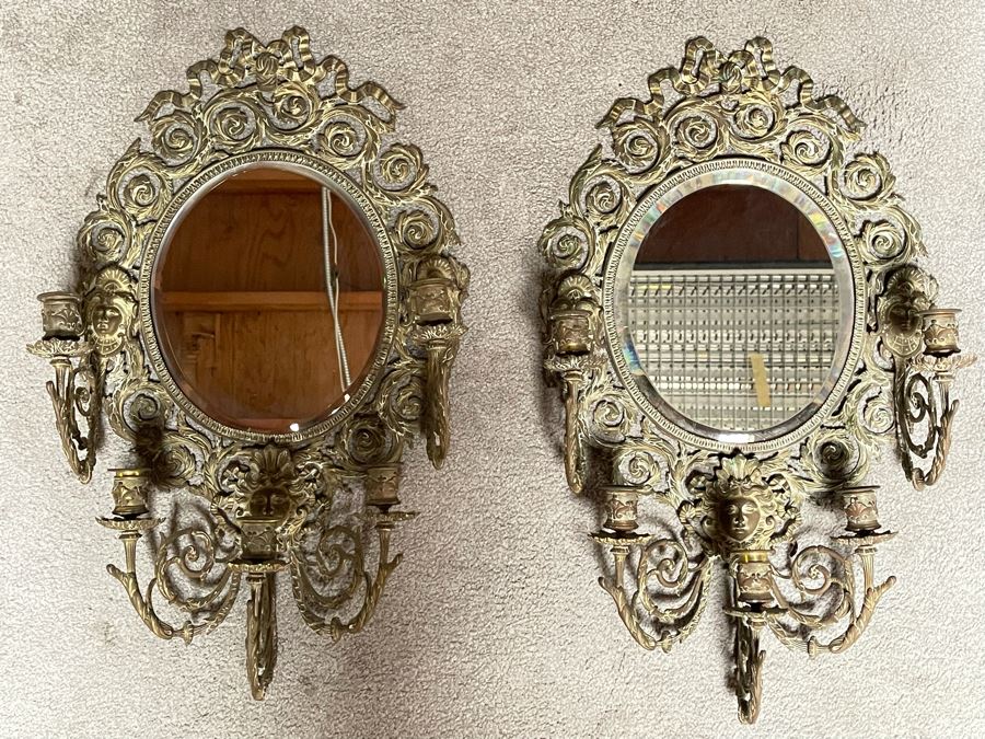 Pair Of Vintage Brass Wall Candelabras Mirrors 15W X 27H X 6D  [Photo 13]