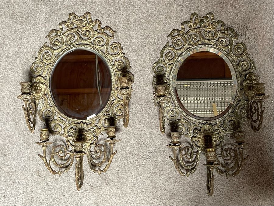 Pair Of Vintage Brass Wall Candelabras Mirrors 15W X 27H X 6D  [Photo 3]