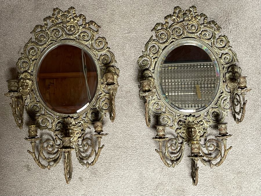 Pair Of Vintage Brass Wall Candelabras Mirrors 15W X 27H X 6D  [Photo 4]
