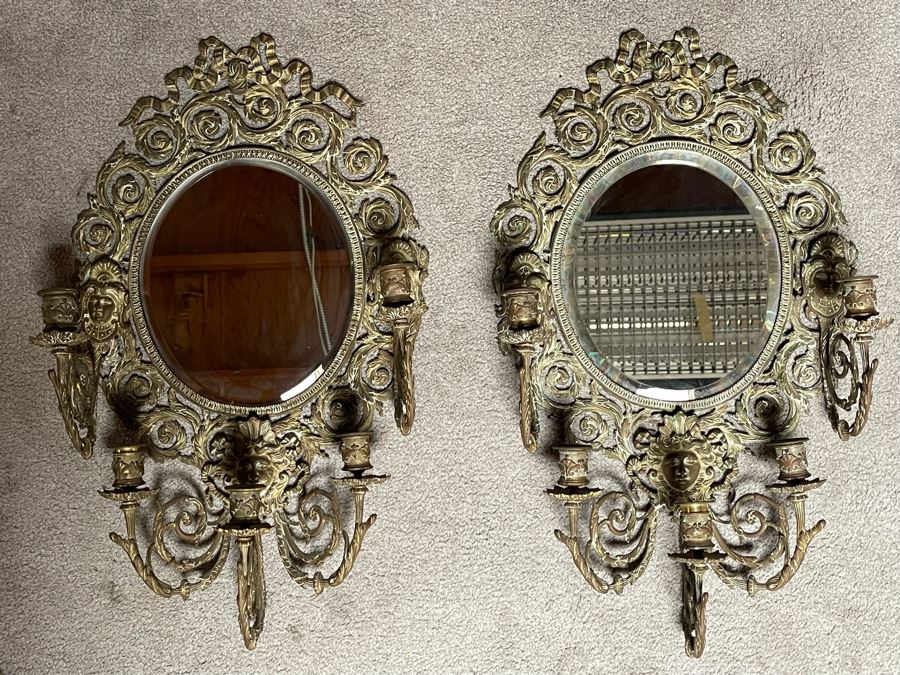 Pair Of Vintage Brass Wall Candelabras Mirrors 15W X 27H X 6D  [Photo 5]