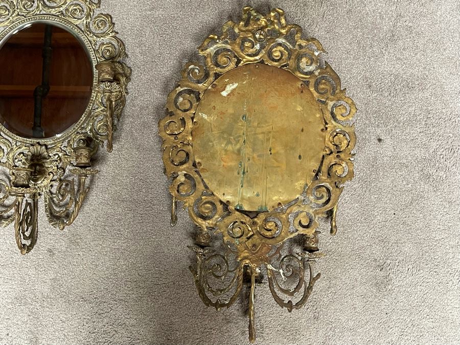 Pair Of Vintage Brass Wall Candelabras Mirrors 15W X 27H X 6D  [Photo 16]