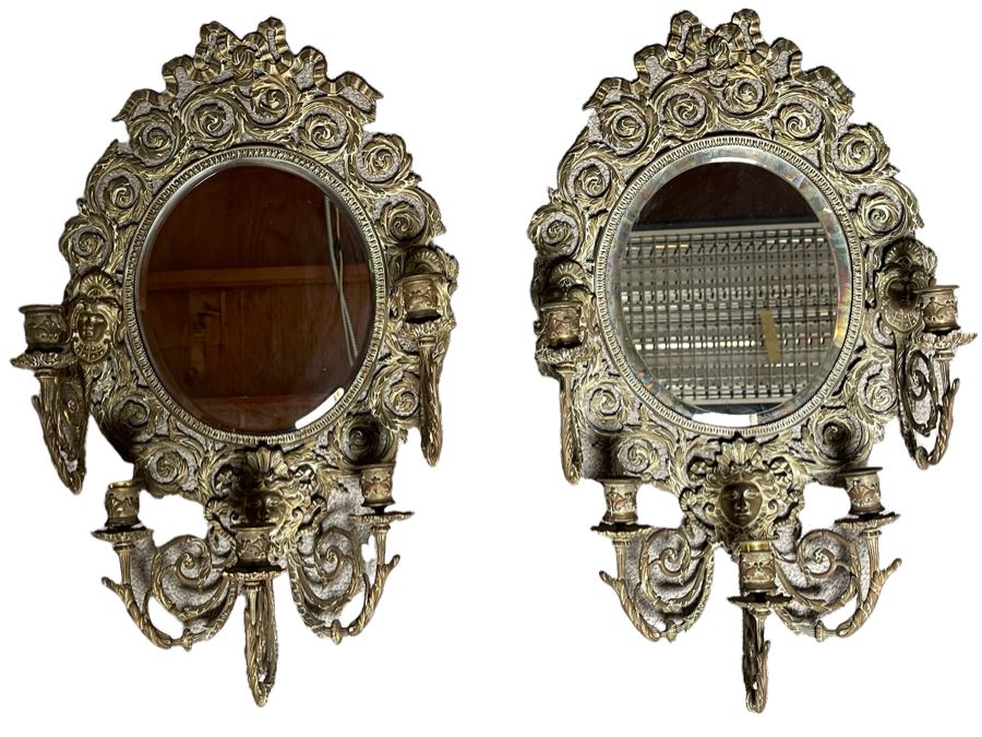 Pair Of Vintage Brass Wall Candelabras Mirrors 15W X 27H X 6D  [Photo 2]