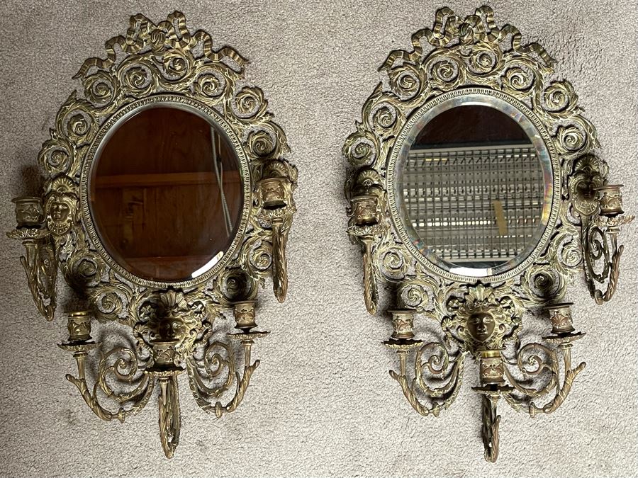 Pair Of Vintage Brass Wall Candelabras Mirrors 15W X 27H X 6D  [Photo 6]