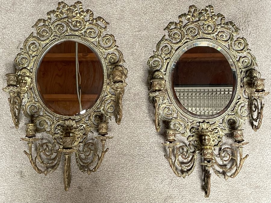 Pair Of Vintage Brass Wall Candelabras Mirrors 15W X 27H X 6D  [Photo 11]