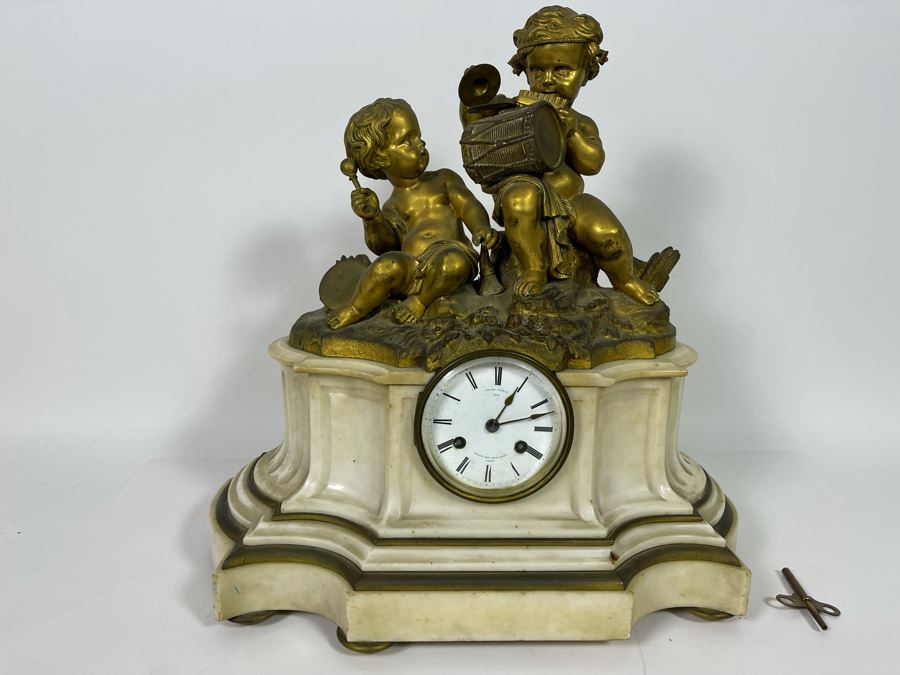 Antique French Gilt Bronze And Marble Mantle Clock Miroy Fres Brevetes Paris Prize Medal 1851 Needs Servicing 17W X 8D X 17H [Photo 2]