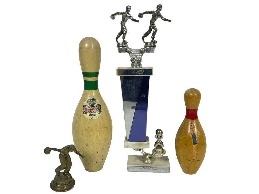 Vintage Wooden Bowling Pins And Bowling Trophies