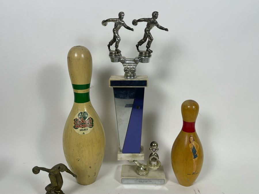 Vintage Wooden Bowling Pins And Bowling Trophies